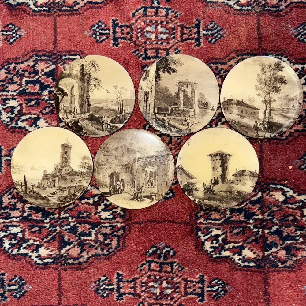 RARE Vintage Round‎ Coasters Sepia Scenes of Antiquity Set of 4 CLEAN CONDITION